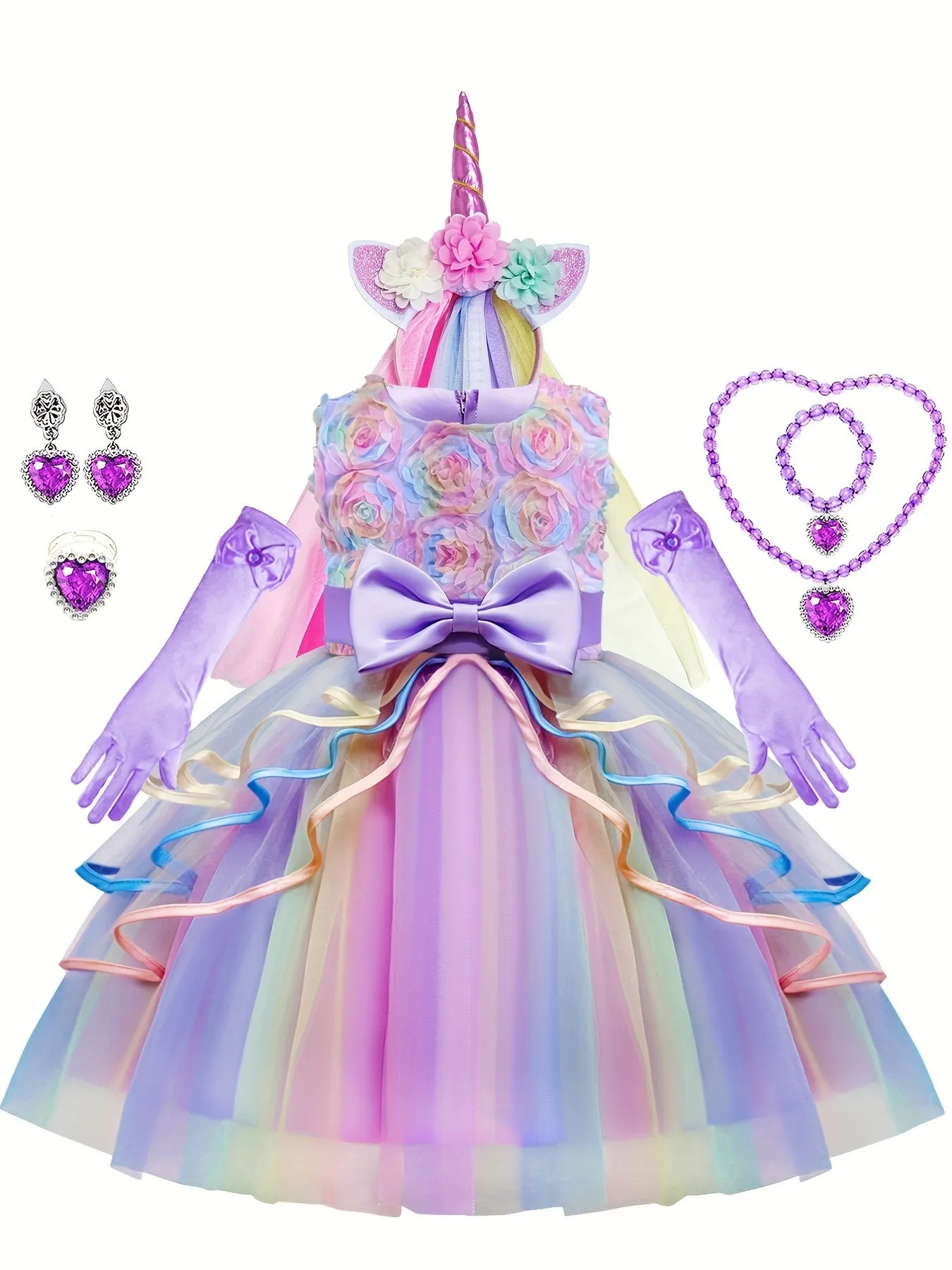 7pcs Girls Unicorn Costume, Rainbow Princess Dress, Toddler Unicorn Birthday Party Dress, Halloween Kids Cosplay, Fairy Tales Dress Up, With Headband Necklace Ring Ear Clip Jewelry Set