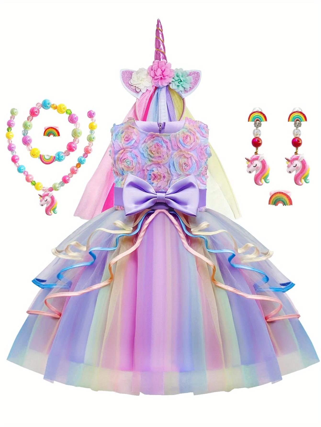 7pcs Girls Unicorn Costume, Rainbow Princess Dress, Toddler Unicorn Birthday Party Dress, Halloween Kids Cosplay, Fairy Tales Dress Up, With Headband Necklace Ring Ear Clip Jewelry Set