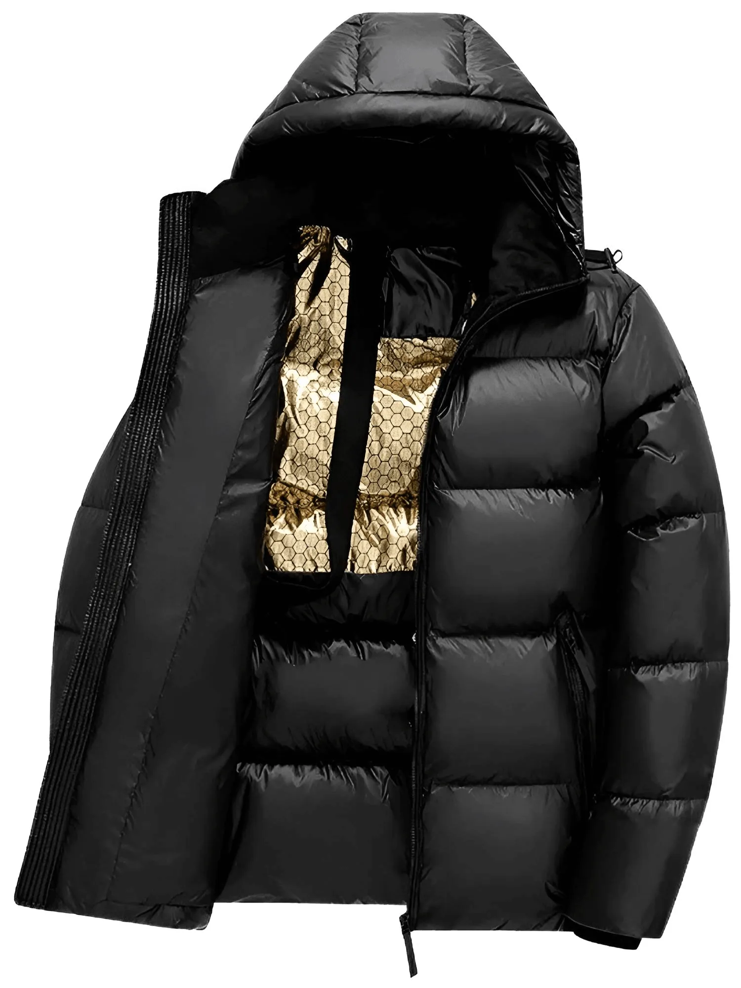 Black and Gold Hooded Puffer Coat Men's