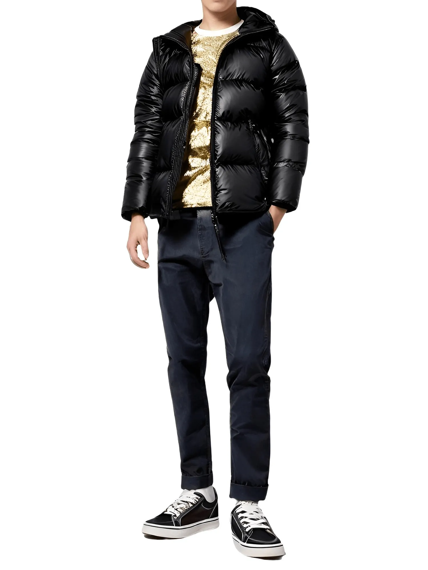 Black and Gold Hooded Puffer Coat Men's