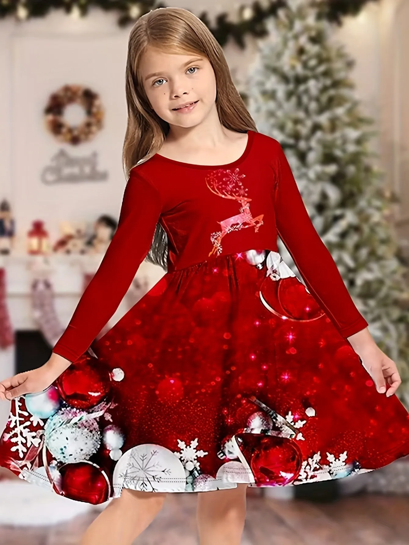 Comfy Elk Graphic Long Sleeve Party Dress for Girls - Soft, Cozy, and Vibrant Xmas Design - Perfect for Kids' Holiday Outfits and Special Occasions