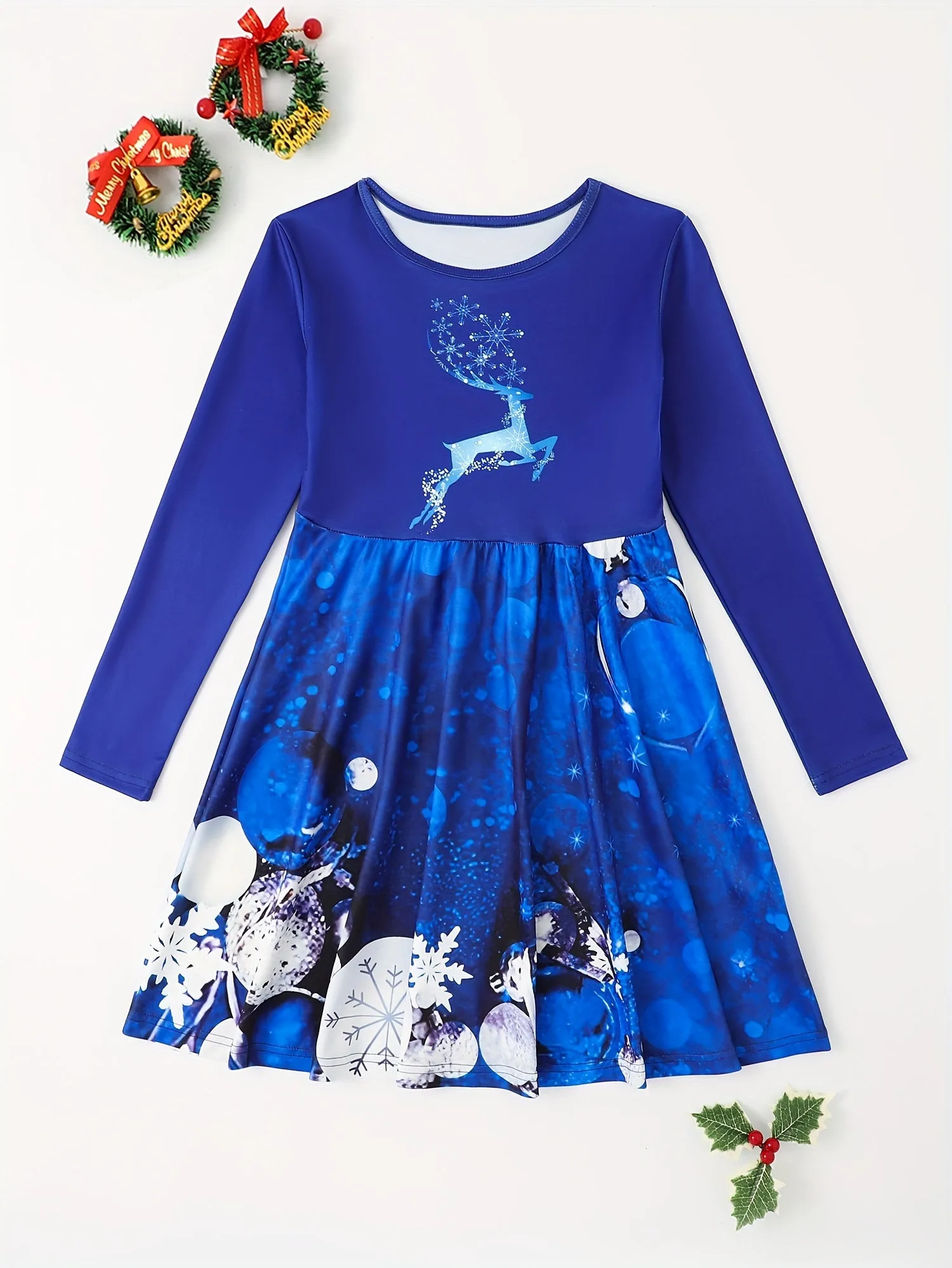 Comfy Elk Graphic Long Sleeve Party Dress for Girls - Soft, Cozy, and Vibrant Xmas Design - Perfect for Kids' Holiday Outfits and Special Occasions