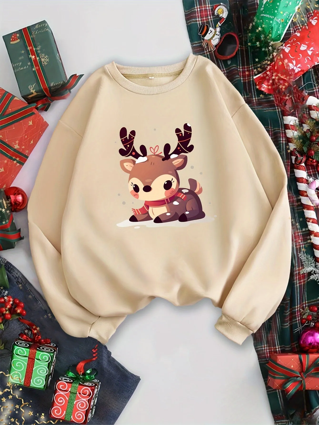 Girls' Christmas Reindeer Crew Neck Sweatshirt - Casual Polyester Long Sleeve Loose Fit Pullover with Alphabet Pattern Applique for Fall/Winter - Kids Fashion Knit Fabric Top