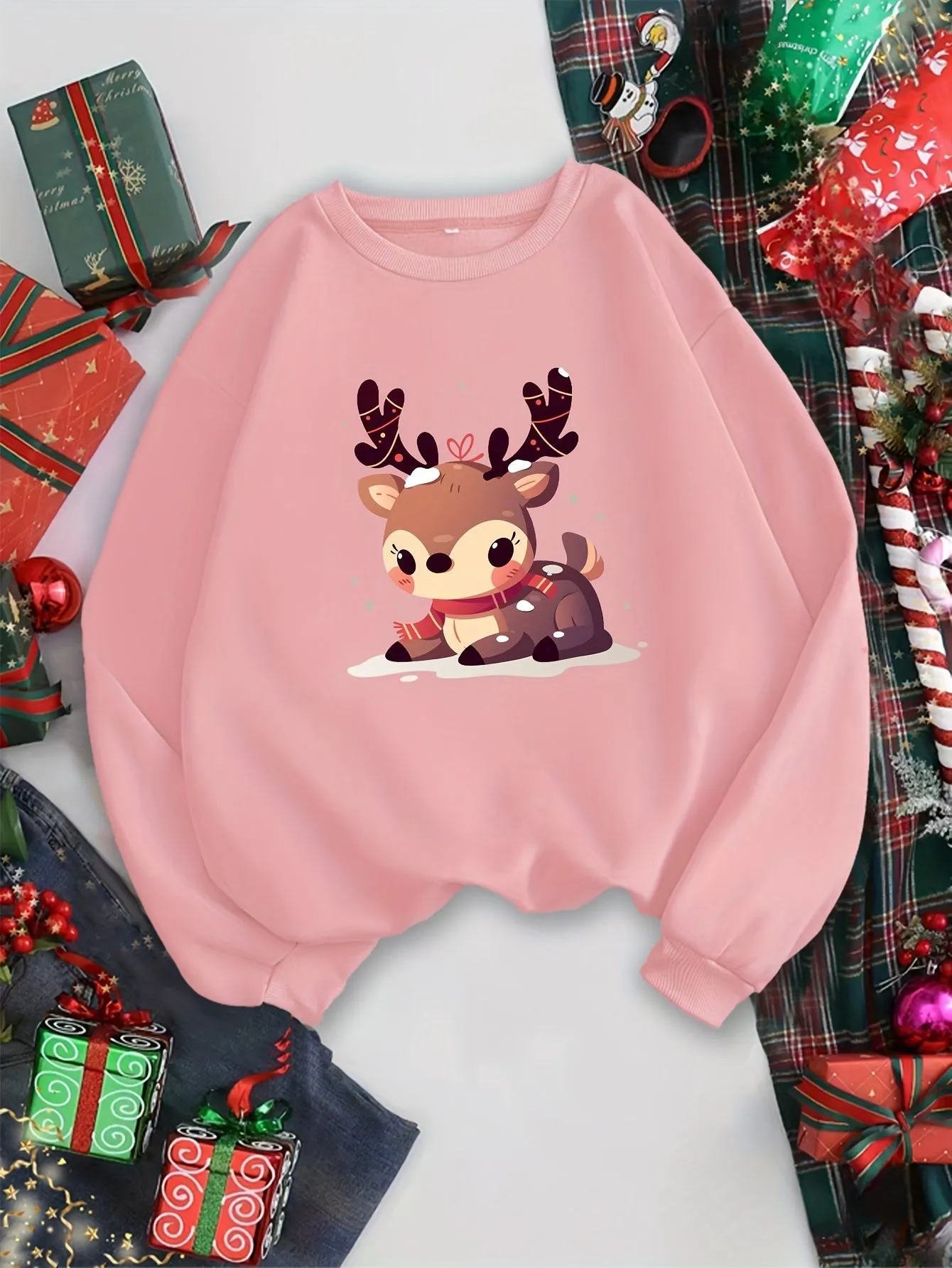 Girls' Christmas Reindeer Crew Neck Sweatshirt - Casual Polyester Long Sleeve Loose Fit Pullover with Alphabet Pattern Applique for Fall/Winter - Kids Fashion Knit Fabric Top