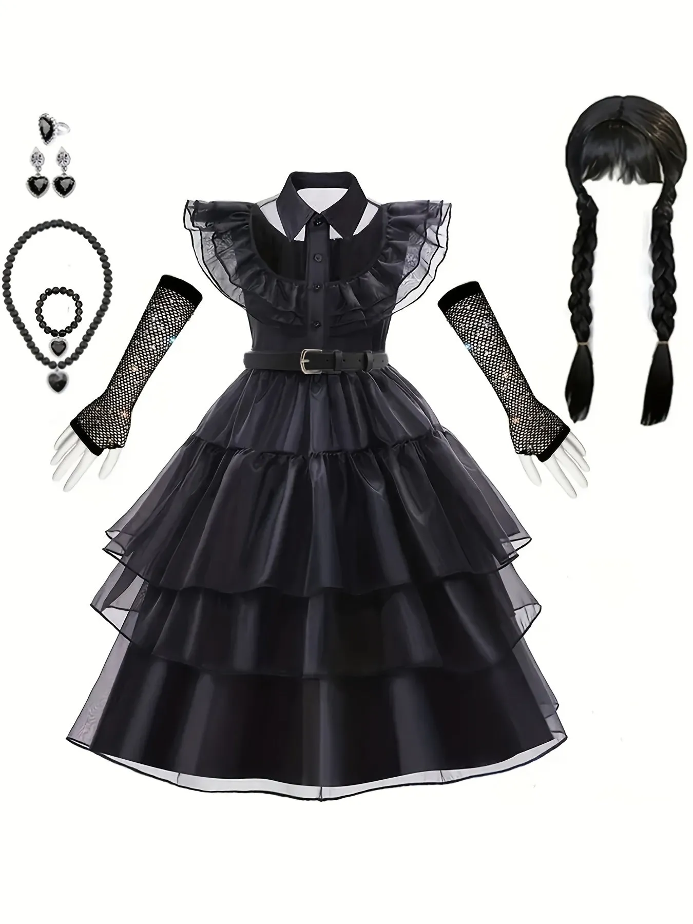 Girls Dress Set Sleeveless Ruffle Princess Dress & Wig & Socks & Gloves Dark Style Halloween Party Cosplay Costumes 4 Pcs Kids Clothes