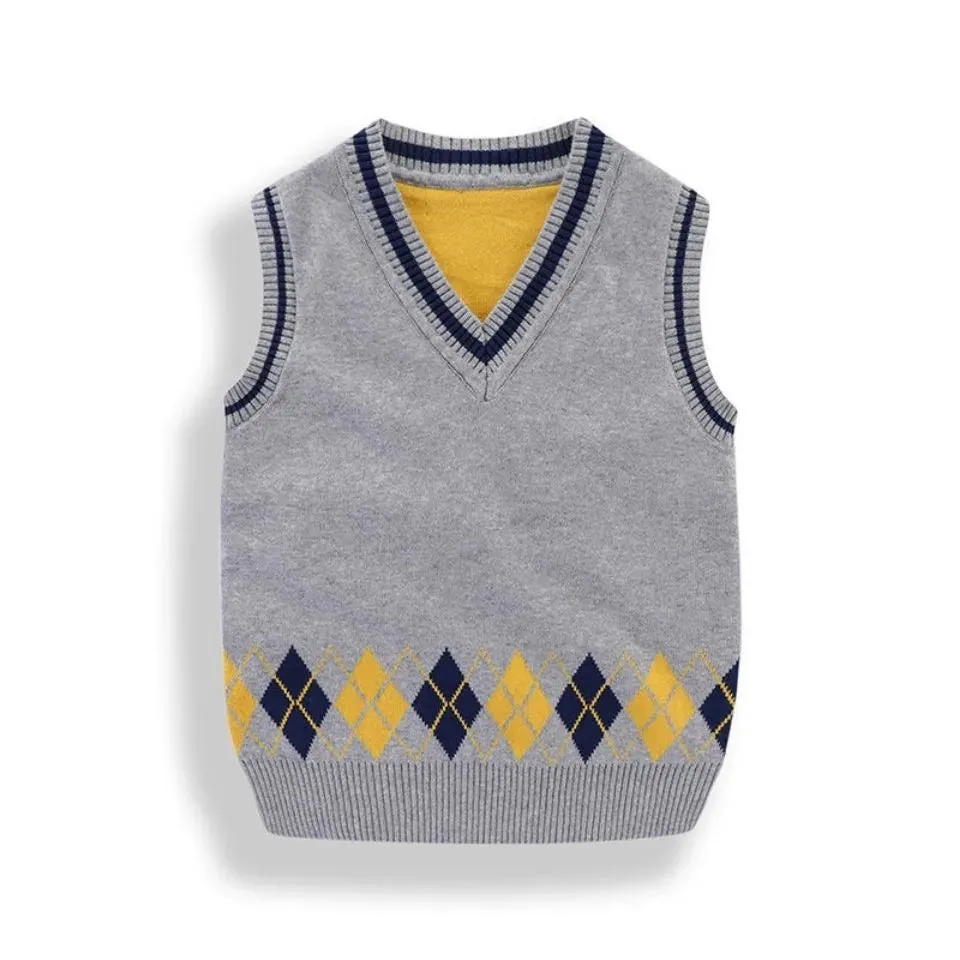 Kids Cotton Vests Spring Autumn , Boys And Girls Knit Sleeveless Sweater ,  V-Neck Children's School Waistcoat Top Clothes H6