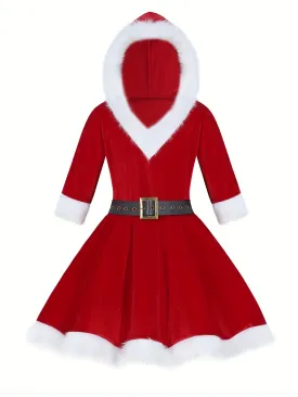 Santa Cosplay Dress Girls Cute Hooded Dress Kids Clothes For Christmas Performance Party